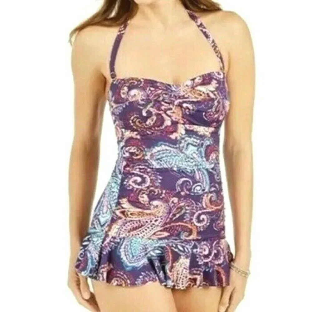 Ralph Lauren‎ Purple Captiva Paisley One Piece Swimsuit Underwire Beach NEW $142